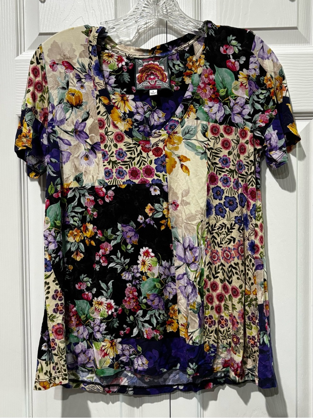 Johnny Was Black, Purple, Cream & Green Floral Patchwork V-Neck Tee